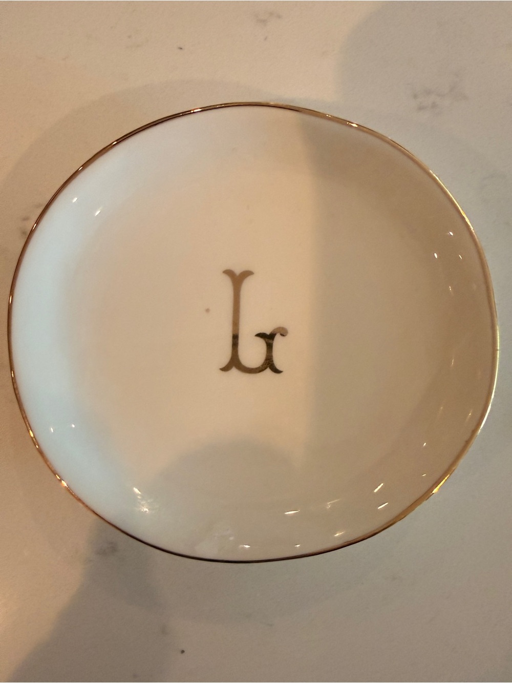 NWOT Monogram L white cream Ceramic Trinket jewelry 4” Dish with Gold details